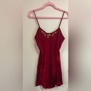 Vintage Victoria's Secret Red 100% Silk Slip with Gold Embroidery